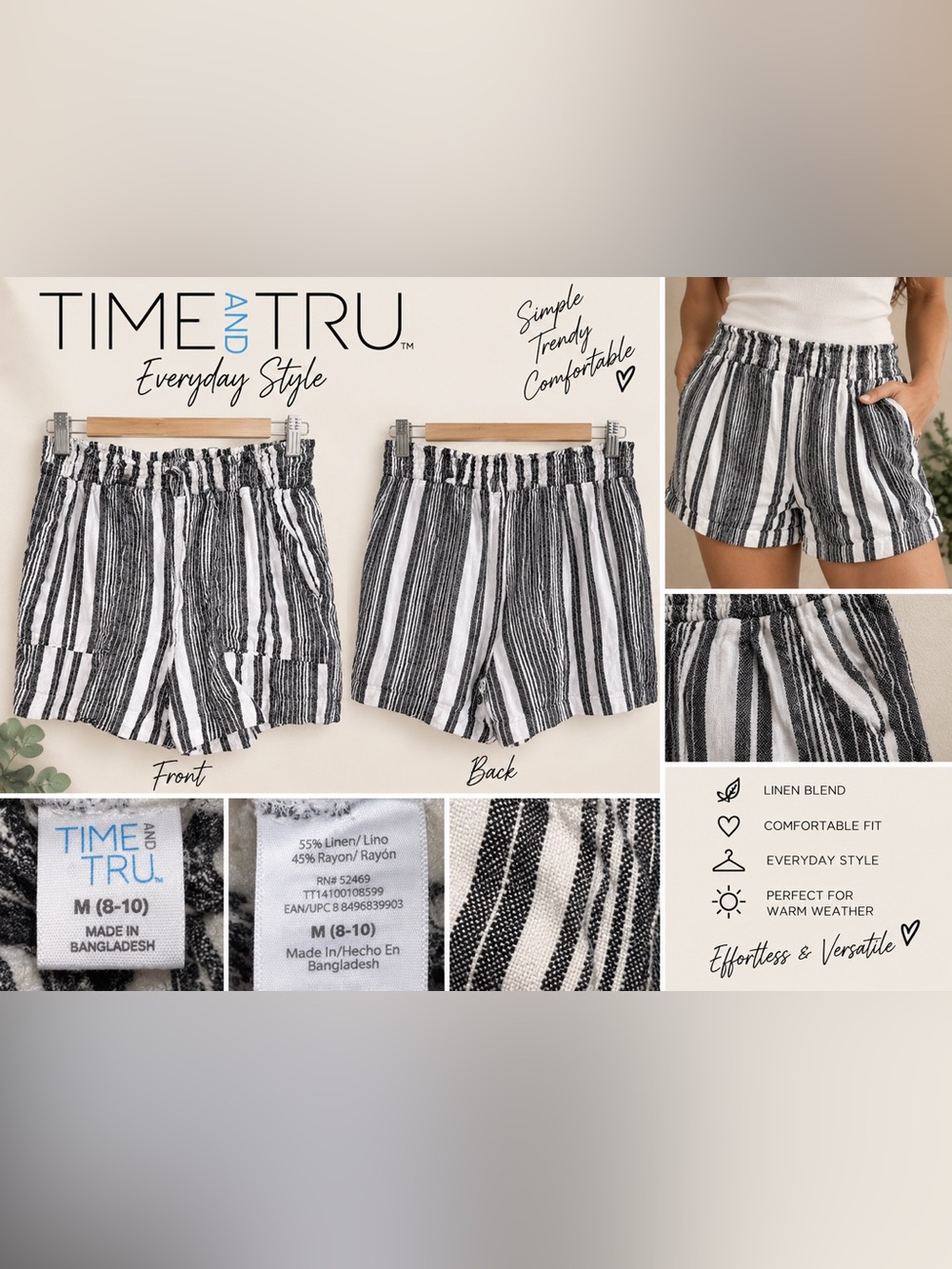 Time and Tru Black and White Striped Linen-Blend Shorts